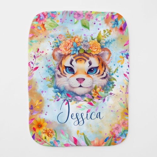Cute Watercolor Tiger with flowers  Baby Burp Cloth