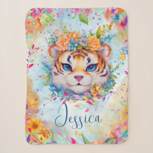 Cute Watercolor Tiger with flowers Sherpa Blanket