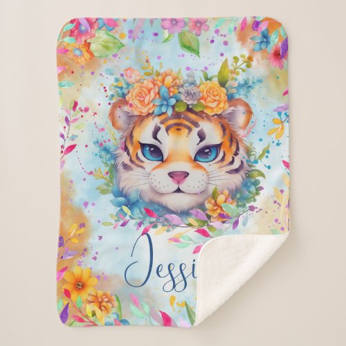 Cute Watercolor Tiger with flowers  Sherpa Blanket