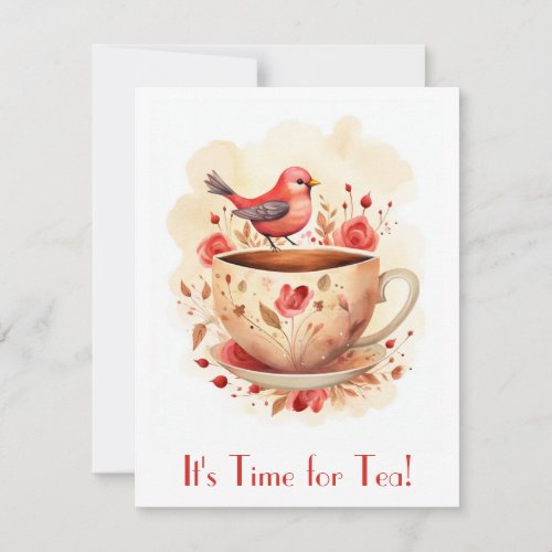 Cute Watercolor Time for Tea Bird Floral Note Card