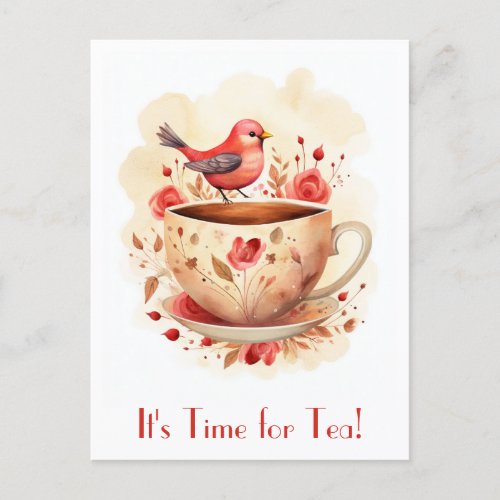 Cute Watercolor Time for Tea Bird Floral Postcard