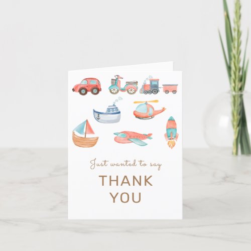 Cute Watercolor Transportation Boy Birthday Party Thank You Card