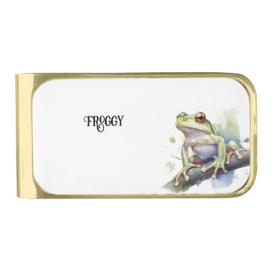 Cute Watercolor Tree Frog, custom Gold Finish Money Clip