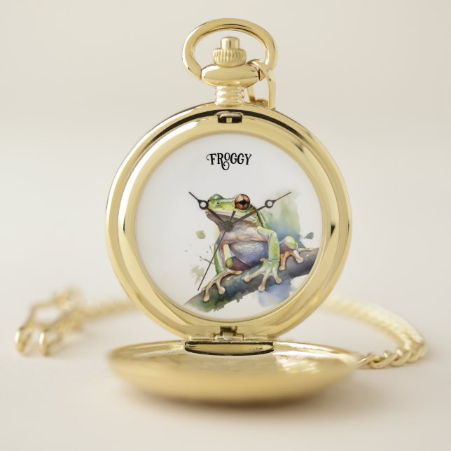 Cute Watercolor Tree Frog, custom Pocket Watch (Inside)