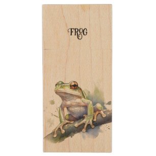 Cute Watercolor Tree Frog, custom Wood Flash Drive