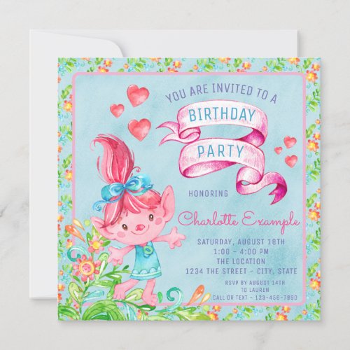Cute Watercolor Troll Birthday Party Invitation