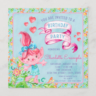 Cute Watercolor Troll Birthday Party Invitation