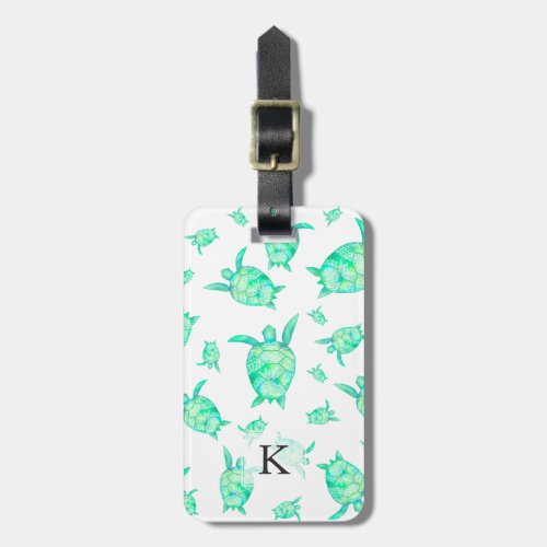 Cute watercolor tropical floral turtles watercolor luggage tag