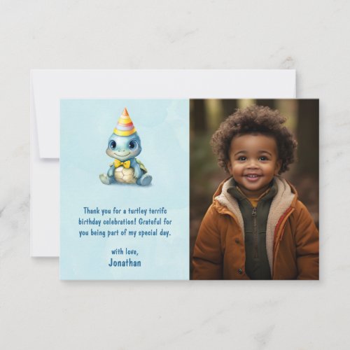 Cute watercolor turtle kids birthday photo thank you card