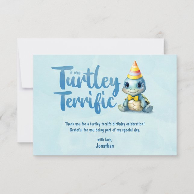 Cute watercolor turtle kids birthday thank you card (Front)