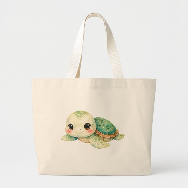 Cute Watercolor Turtle  Large Tote Bag (Front)