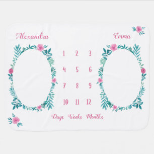 Cute watercolor twin girl milestone baby blanket