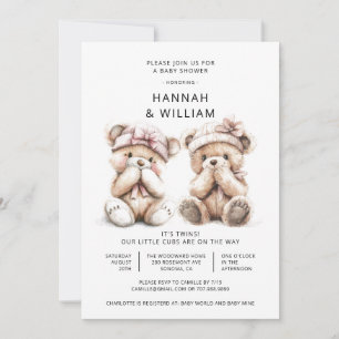 Cute Watercolor Twins Teddy Bear Baby Shower Invitation