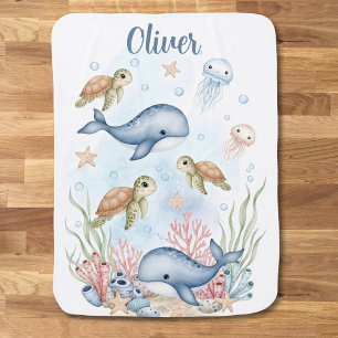 Cute Watercolor Under the Sea Ocean Animals Baby Blanket