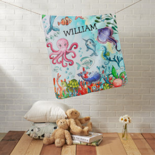 Cute Watercolor Under the Sea Ocean Colorful Baby Blanket