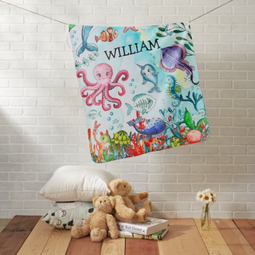 Cute Watercolor Under the Sea Ocean Colorful Baby Blanket