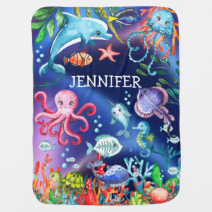 Cute Watercolor Under the Sea Ocean Creatures Blue Baby Blanket