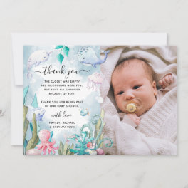 Cute Watercolor Under-the-Sea Photo Baby Shower Thank You Card