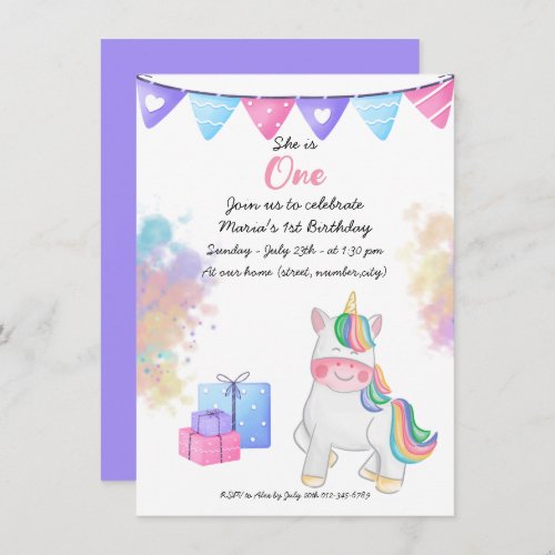 Cute Watercolor Unicorn 1st Birthday party Invitation