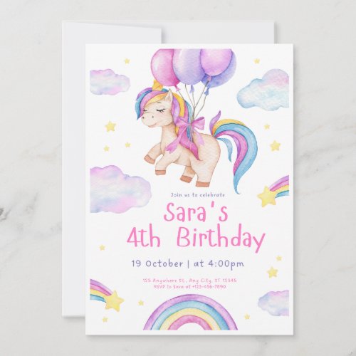 Cute Watercolor Unicorn Birthday Invitation