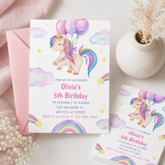 Cute Watercolor Unicorn Birthday Invitation