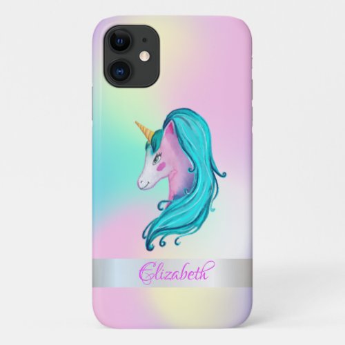 Cute Watercolor Unicorn Holographic Ombre iPhone 11 Case