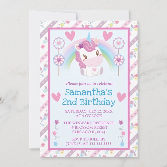 Cute Watercolor Unicorn & Rainbow Birthday Invitation (Front)