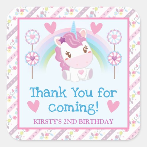 Cute Watercolor Unicorn  Rainbow Birthday Square Sticker
