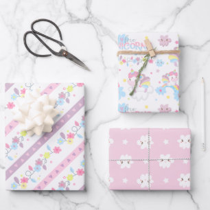 Cute Watercolor Unicorn & Rainbow Birthday Wrapping Paper Sheets