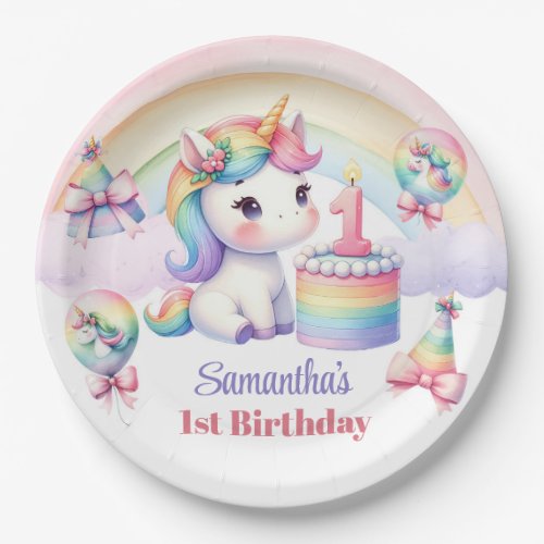 Cute watercolor unicorn with cake 1st birthday paper plates