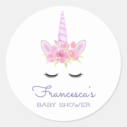 Cute Watercolor Unicorn with Flowers Baby Shower Classic Round Sticker