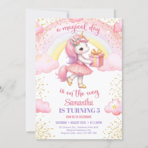 Cute watercolor unicorn with tutu dress birthday invitation