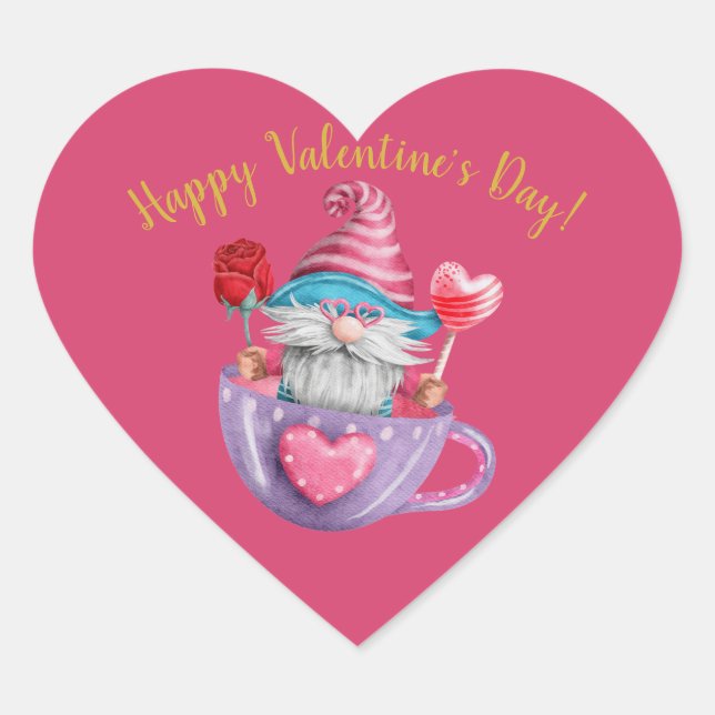 Cute Watercolor Valentine Gnome Heart Sticker (Front)