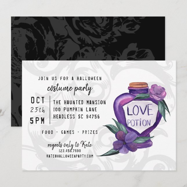 Cute Watercolor Victorian Love Potion Halloween Invitation (Front/Back)