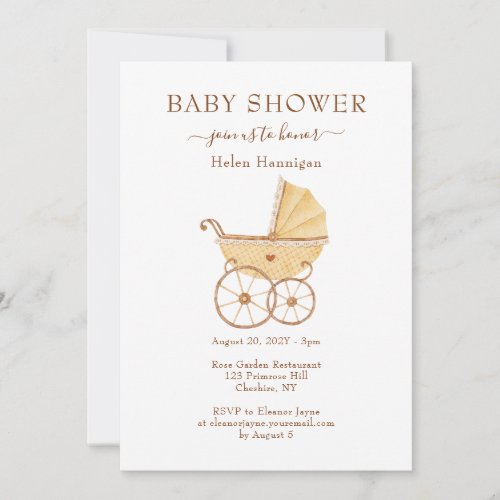 Cute Watercolor Vintage Pram Baby Shower Invite