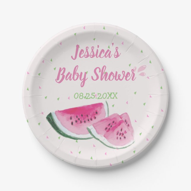 Cute Watercolor Watermelon Baby Shower Paper Plates (Front)