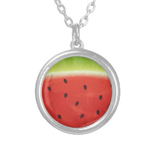 Cute Watercolor Watermelon Giant funny slice Silver Plated Necklace