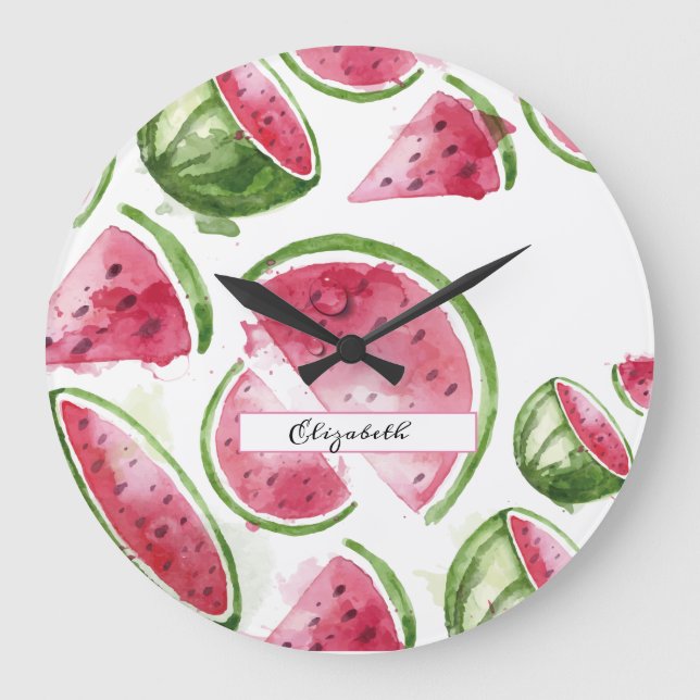 Cute Watercolor Watermelon  Large Clock (Front)