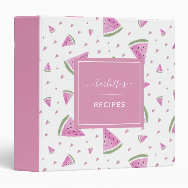 Cute Watercolor Watermelon Pattern Sweet Recipe 3 Ring Binder (Front/Spine)