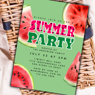 Cute Watercolor Watermelon Summer Party   Green Invitation