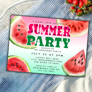 Cute Watercolor Watermelon Summer Party Horizontal Invitation