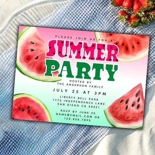 Cute Watercolor Watermelon Summer Party Horizontal Invitation