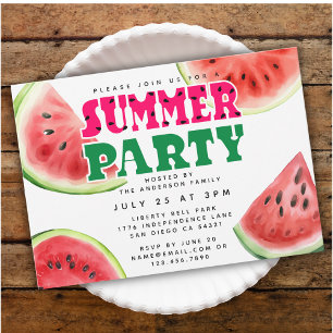 Cute Watercolor Watermelon Summer Party Horizontal Invitation