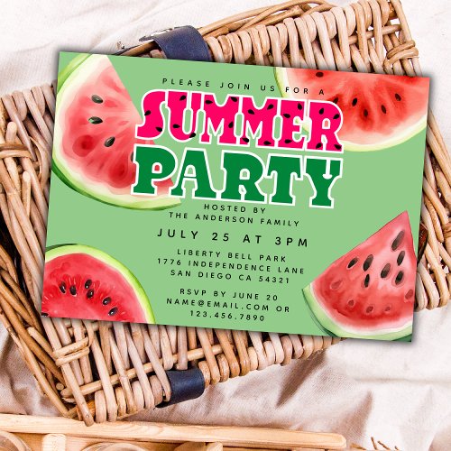 Cute Watercolor Watermelon Summer Party Horizontal Invitation