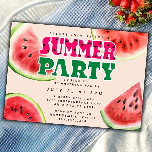 Cute Watercolor Watermelon Summer Party Horizontal Invitation