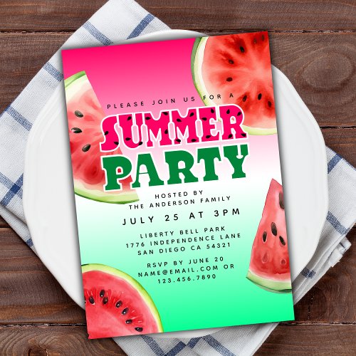 Cute Watercolor Watermelon Summer Party  Invitation