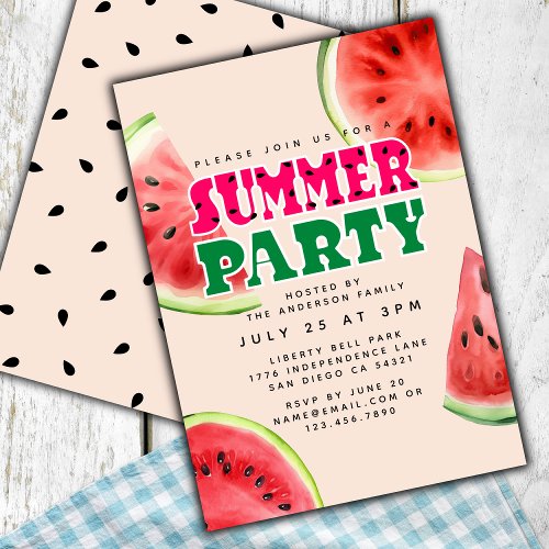 Cute Watercolor Watermelon Summer Party  Pink  Invitation