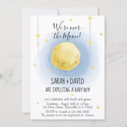 Cute Watercolor Were Over the Moon Baby Shower Invitation