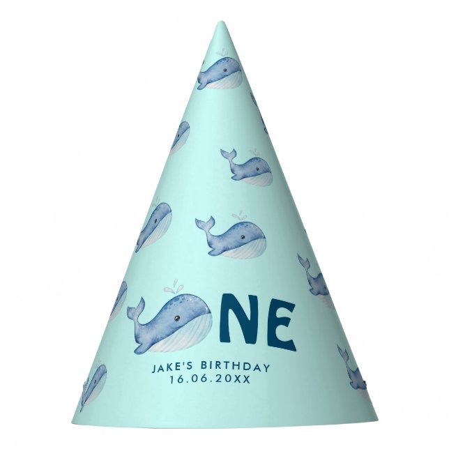Cute Watercolor Whale Birthday Personalized Party Hat (Front)