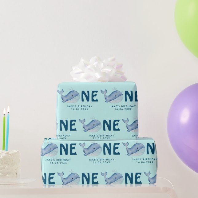 Cute Watercolor Whale Birthday Personalized Wrapping Paper (Party Gifts)